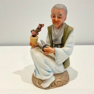 Expressive Asian Old Woman Trimming Bonsai Vintage Painted Statue Figurine